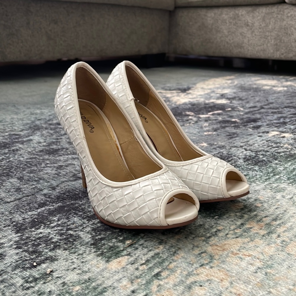 White open toe heels